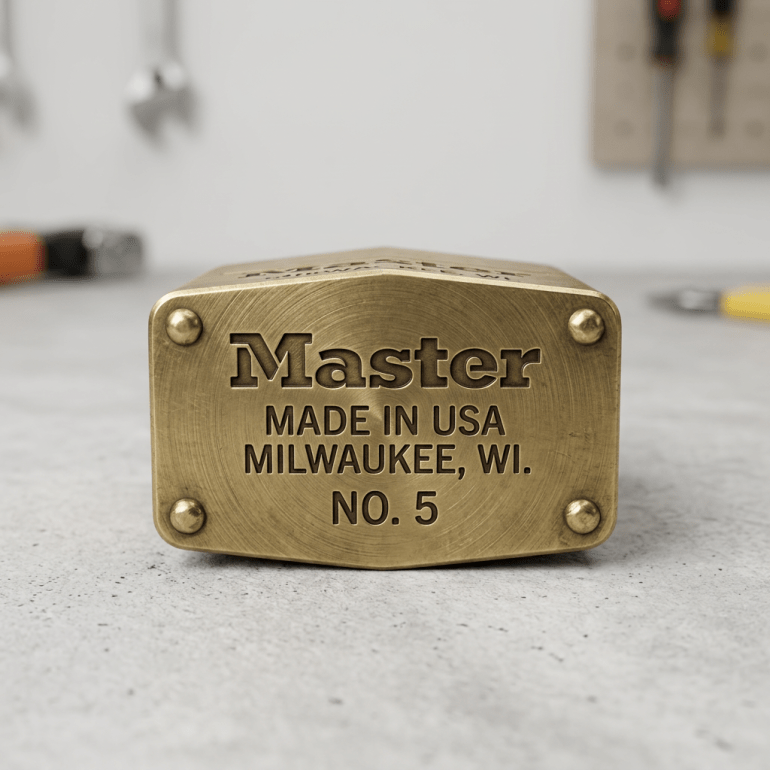 Brass plate engraved with 'Master Made in USA Milwaukee, WI. No. 5'